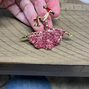 Ballerina Brooch NIP, pink rhinestone girl ballet shoes on gold tone base, 2.5”